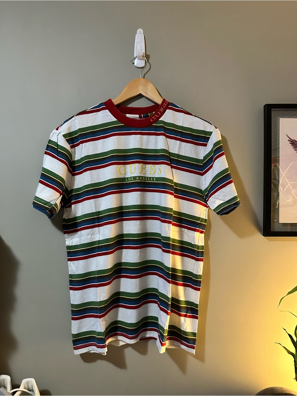 GUESS Men's White Striped Tee with Red, Green & Navy Accents